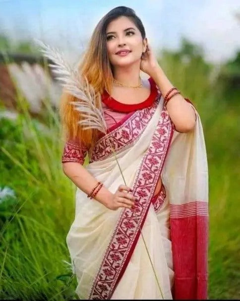 White khadi cotton saree