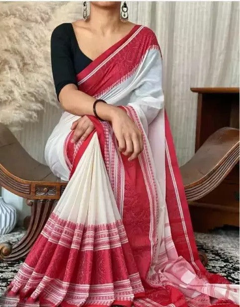 White khadi cotton saree