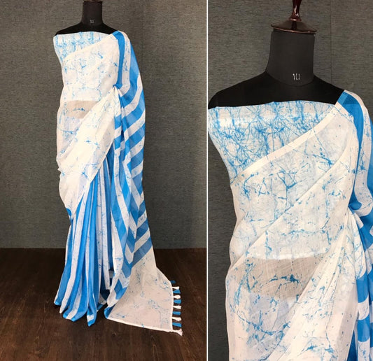 White linen digital printed with cotton tussles work saree