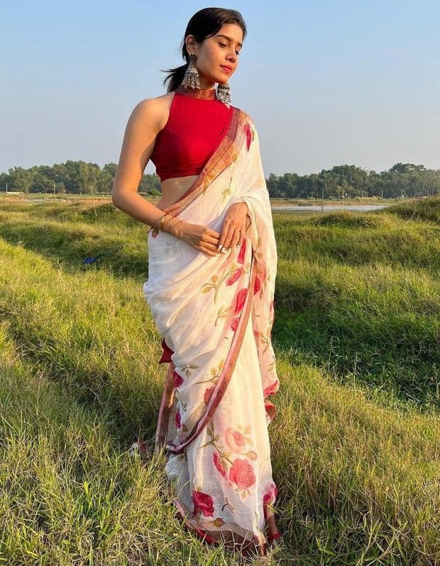 White linen floral printed saree