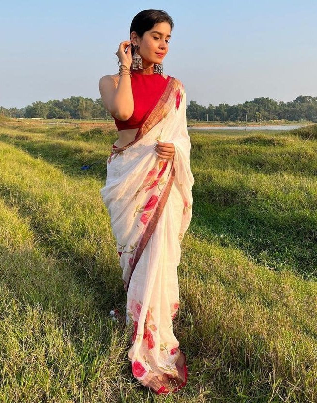 White linen floral printed saree