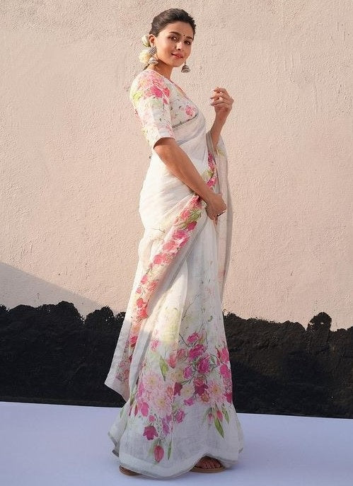 White linen flower printed bollywood saree