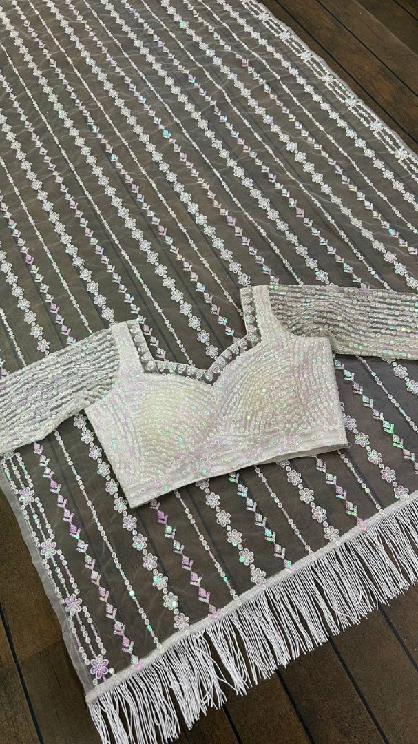 White net heavy sequence thread work wedding saree