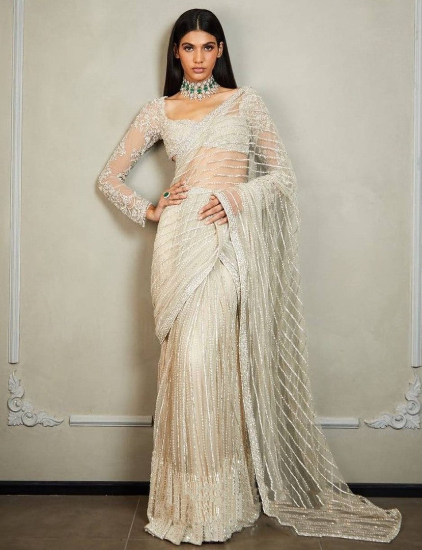 White net rainbow sequence thread work designer saree