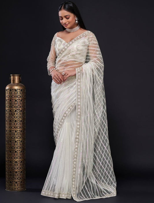 White net rainbow sequence thread work designer wedding saree