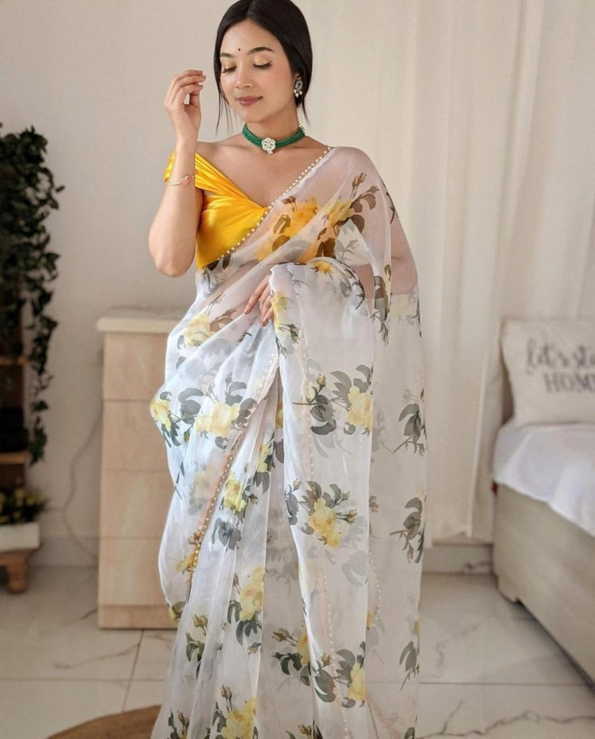 White organza digital flower printed saree