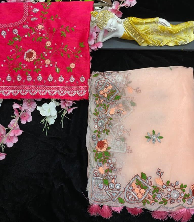 White organza sequence embroidered work ceremonial work designer saree