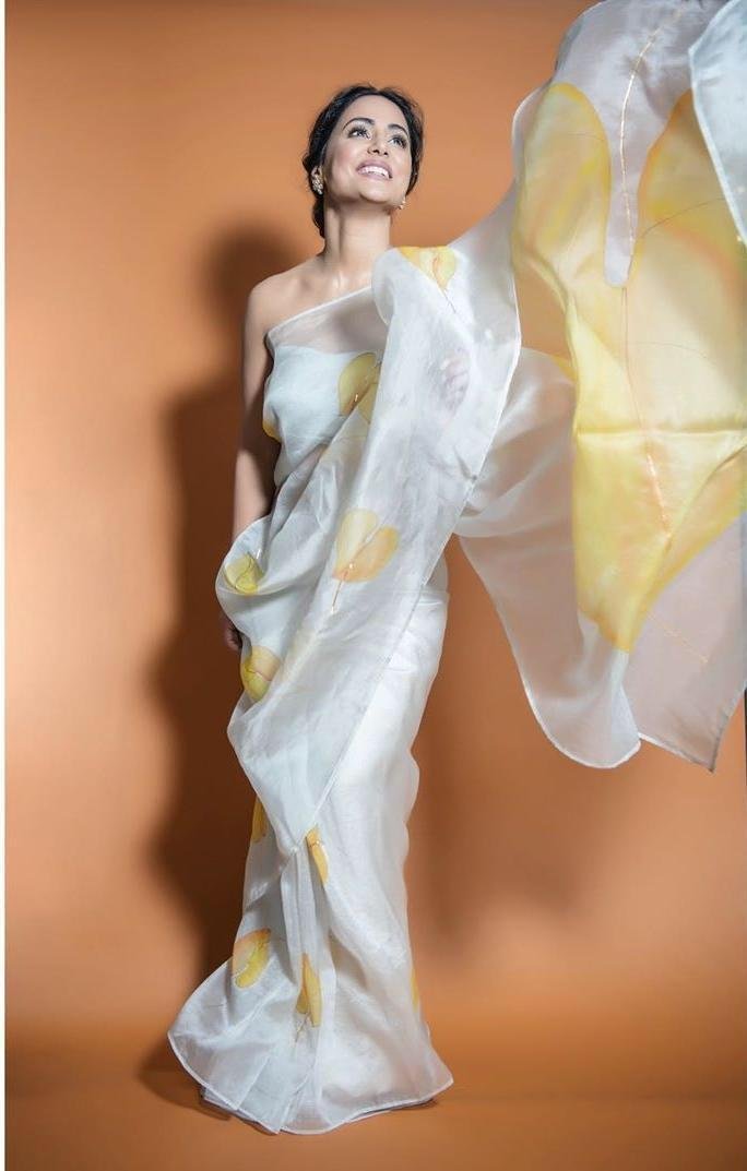 White organza yellow leaf printed saree