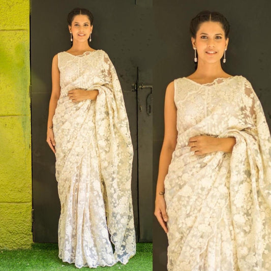 White pure net multy thread heavy ceremonial saree