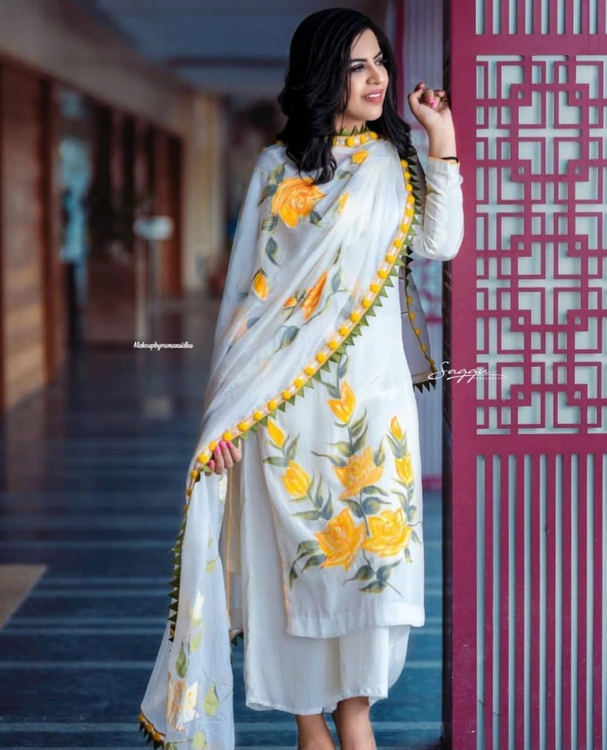 White rayon yellow flower printed plazzo suit