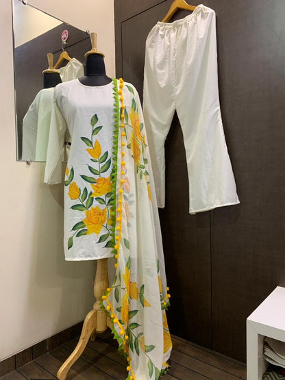 White rayon yellow flower printed plazzo suit