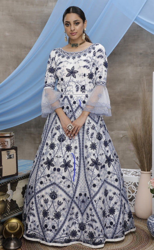 White santoon embroidered party wear anarkali gown