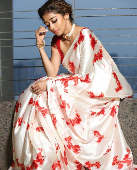 White satin silk digital printed saree