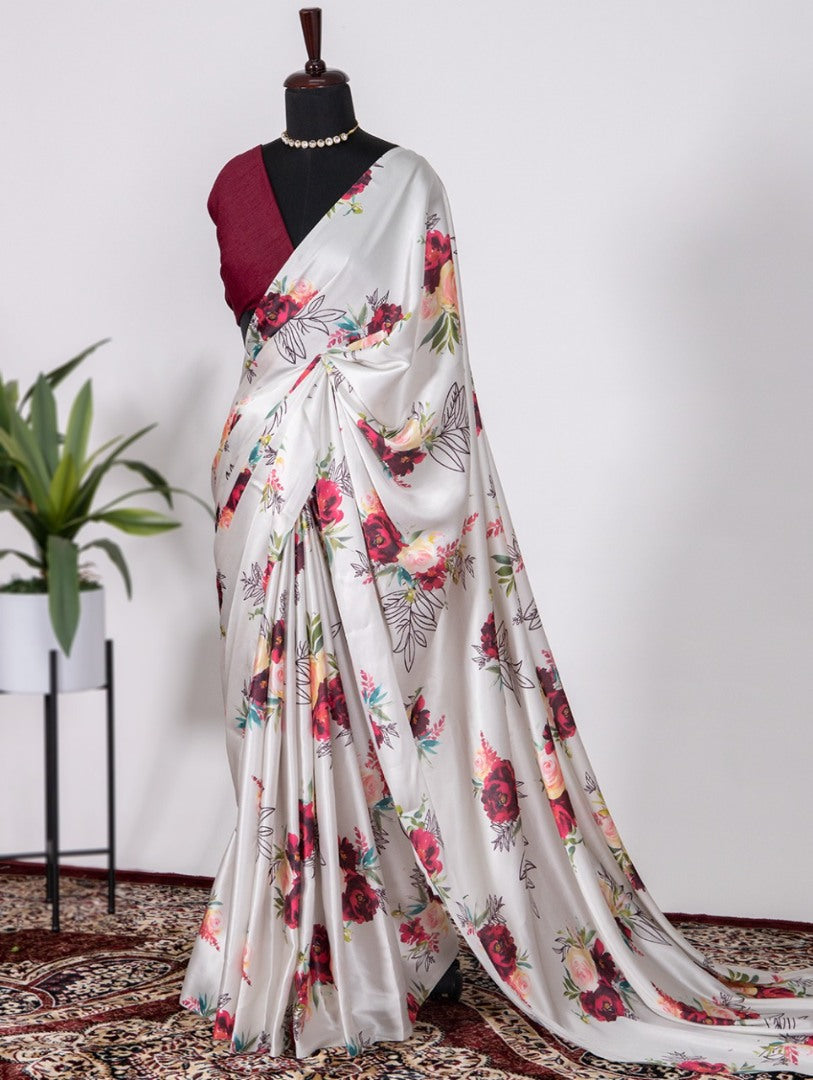 White satin silk flower printed saree