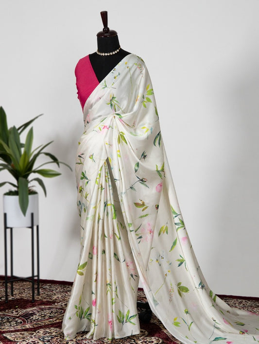 White satin silk printed saree