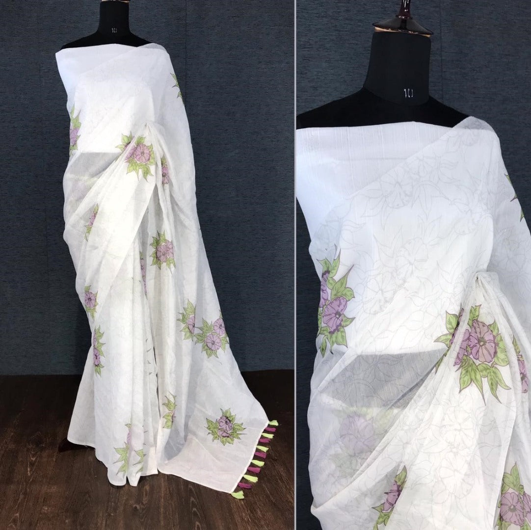 White semi chanderi linen digital flower printed work saree