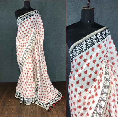 White semi chanderi linen digital printed work saree