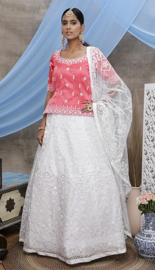 White silk art sequence embroidered party wear lehenga choli