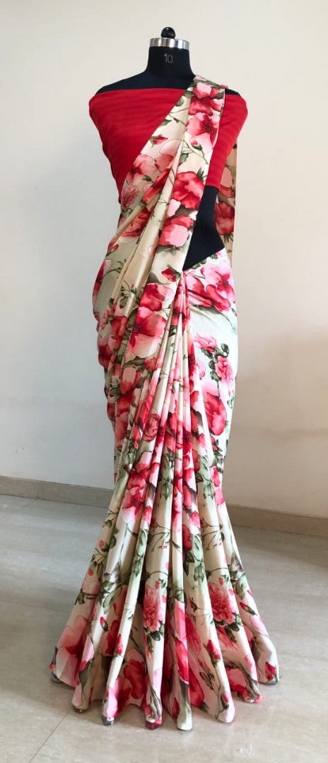 white silk crape red floral printed casual wear saree