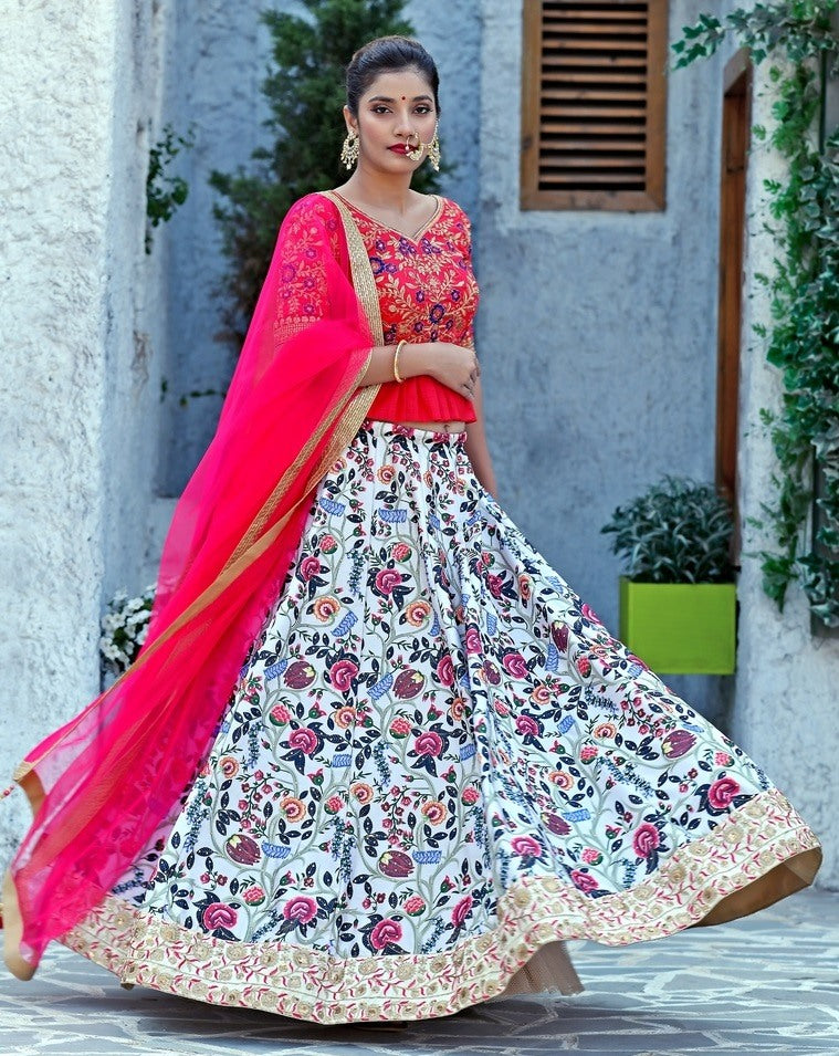 White silk sequence and digital printed stylist wedding lehenga choli