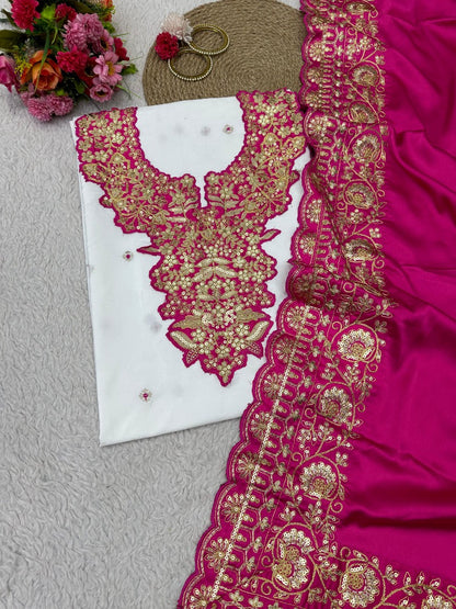 White silk unstitched wedding salwar suit