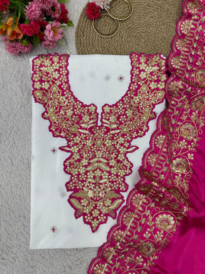 White silk unstitched wedding salwar suit