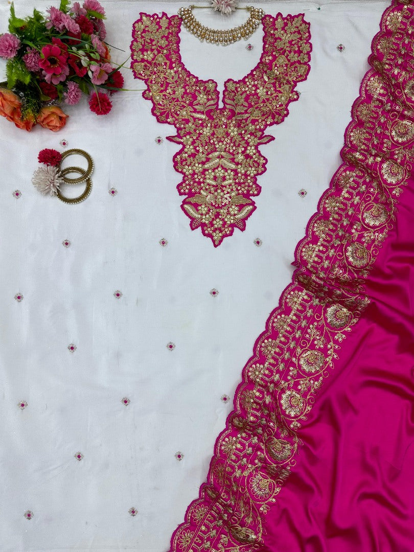 White silk unstitched wedding salwar suit