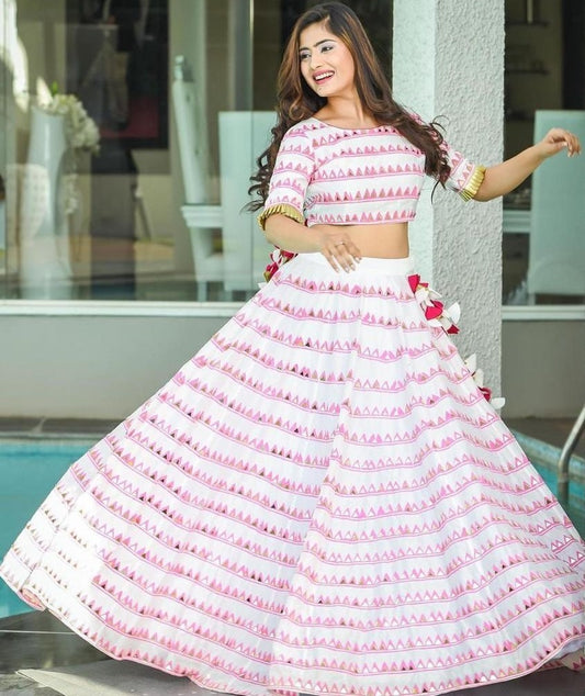 White soft butter silk digital printed mirror work lehenga choli