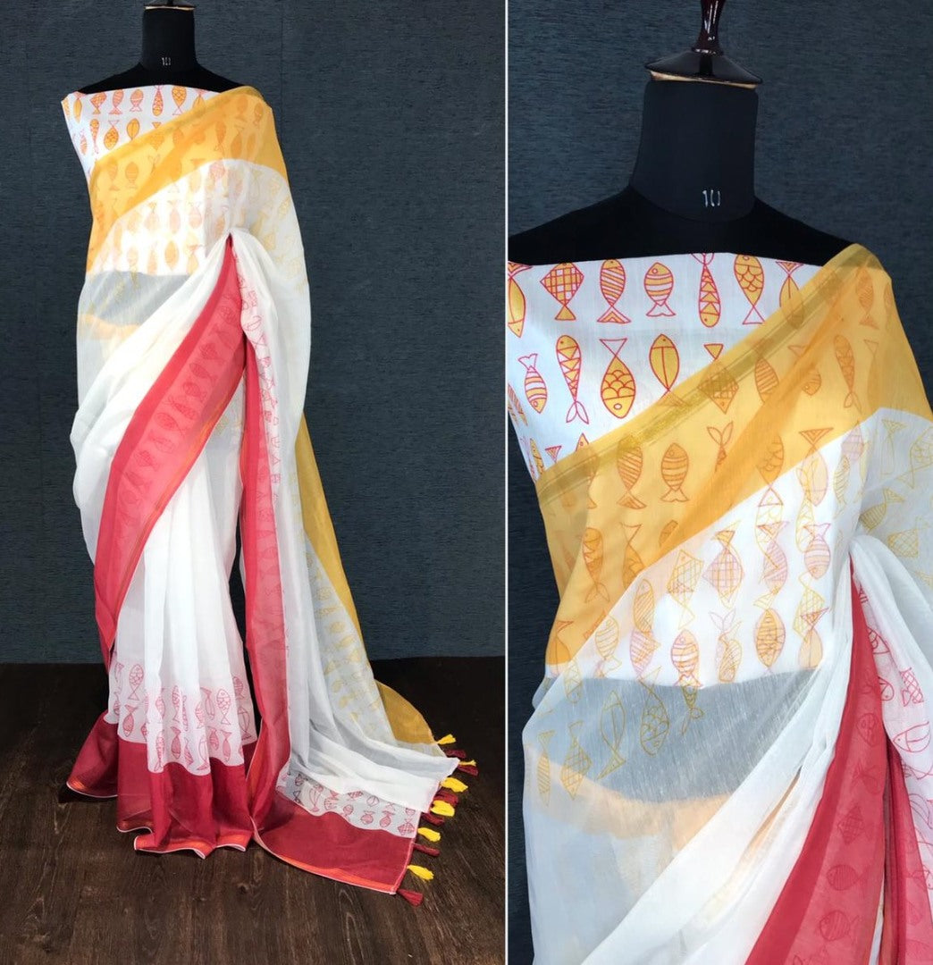 White soft chanderi digital printed zari border work saree