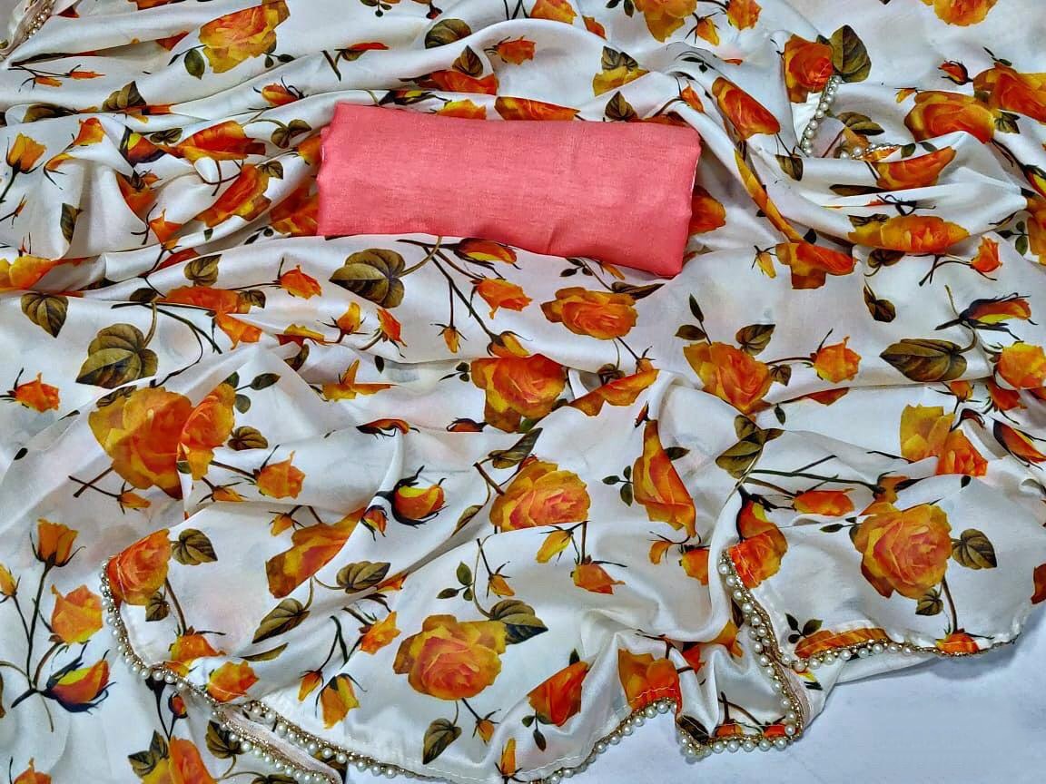 White soft chinon silk yellow flower printed saree