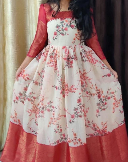 White soft cotton digital flower printed work gown