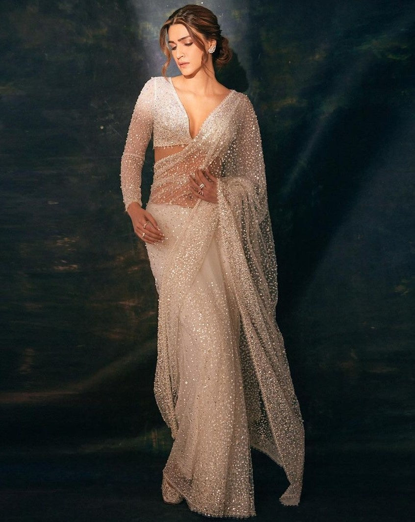 White soft net heavy sequence and pearl work shiny kriti sanon designer saree