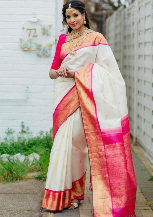 White soft silk heavy jacquard weaving work wedding saree