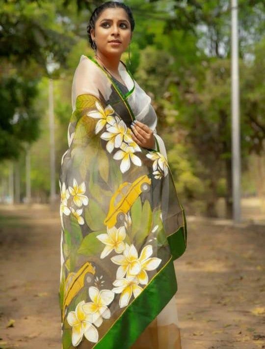 White soft silk organza digital printed work saree