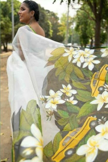 White soft silk organza digital printed work saree