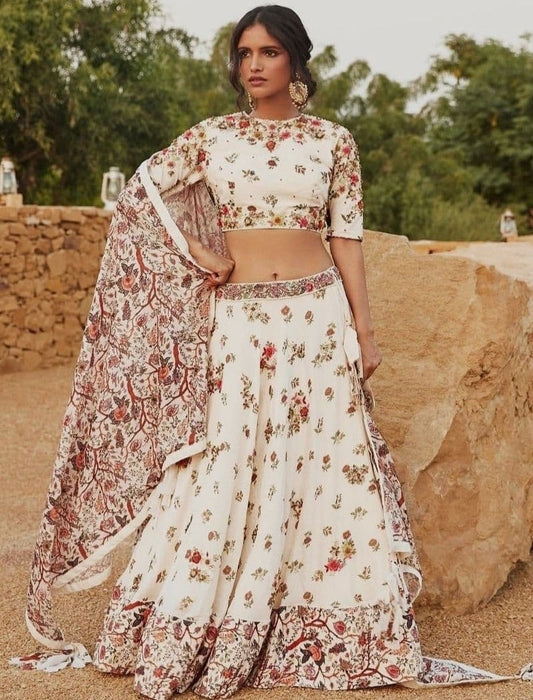 White taffeta silk digital printed lehenga choli