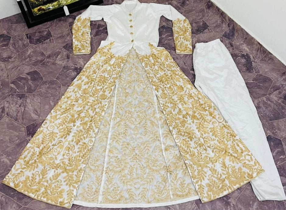 White taffeta silk embroidered work ceremonial wear plazzo suit