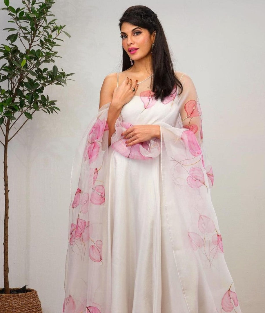 White taffeta silk plain gown with printed dupatta