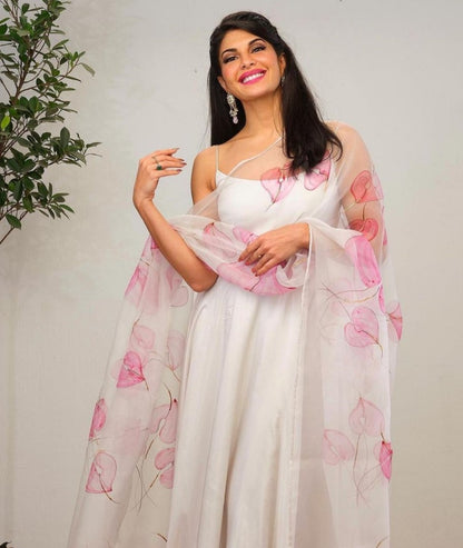 White taffeta silk plain gown with printed dupatta