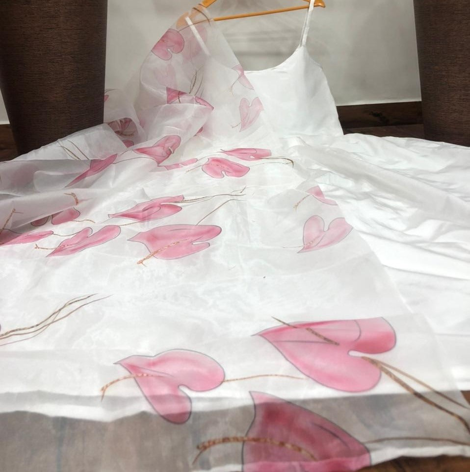 White taffeta silk plain gown with printed dupatta