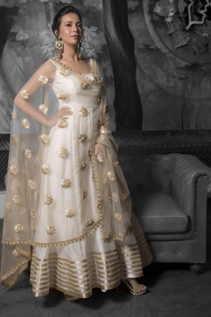 White tapeta silk anarkali gown for ceremony