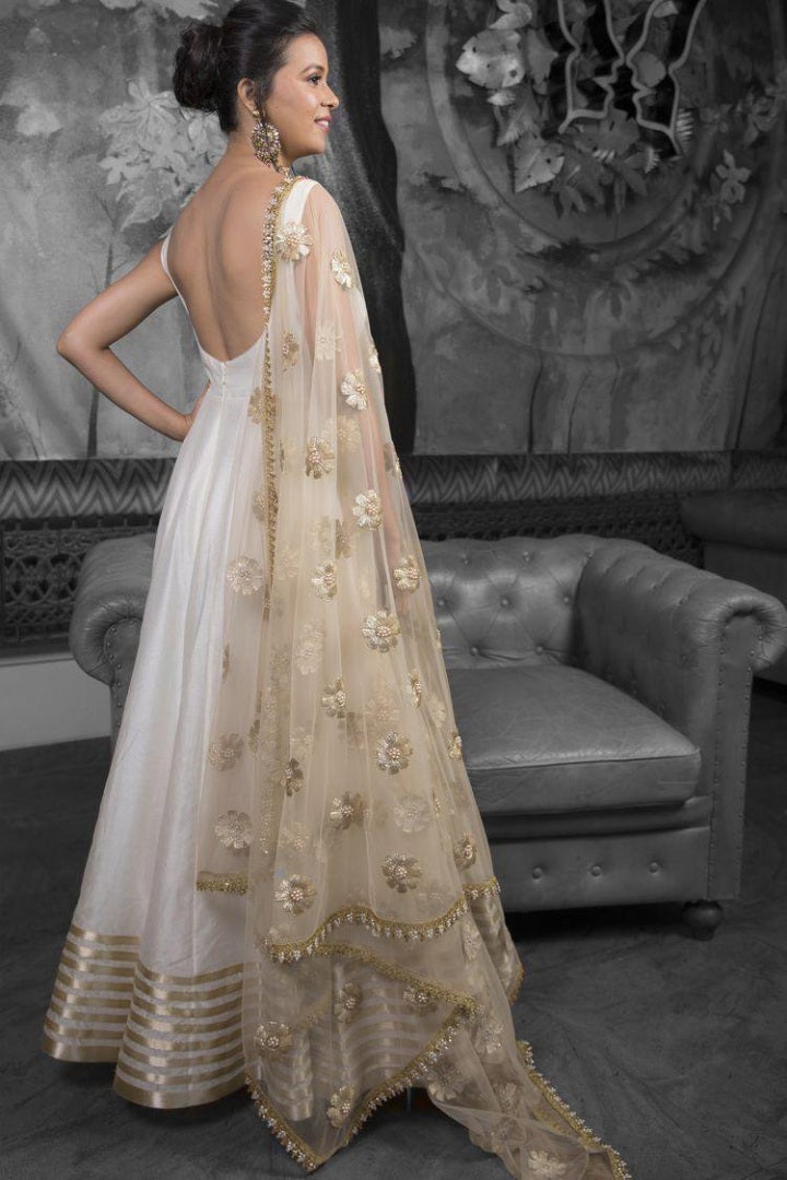 White tapeta silk anarkali gown for ceremony