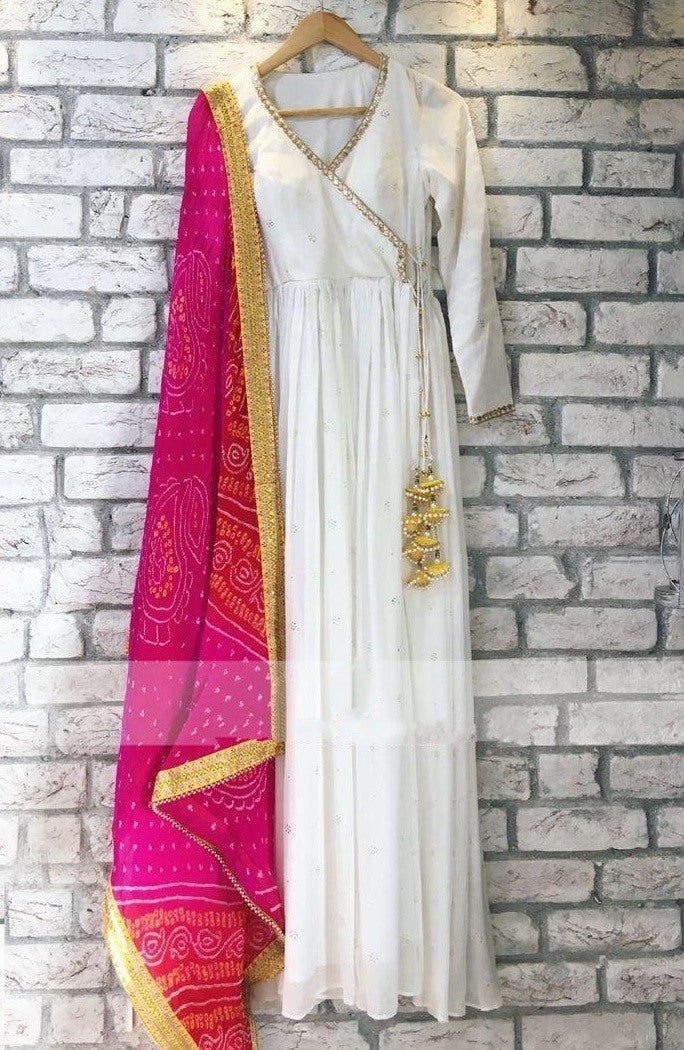 White tapeta silk gown with printed dupatta