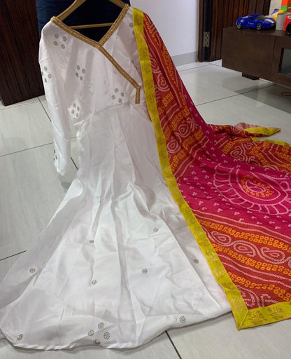 White tapeta silk gown with printed dupatta