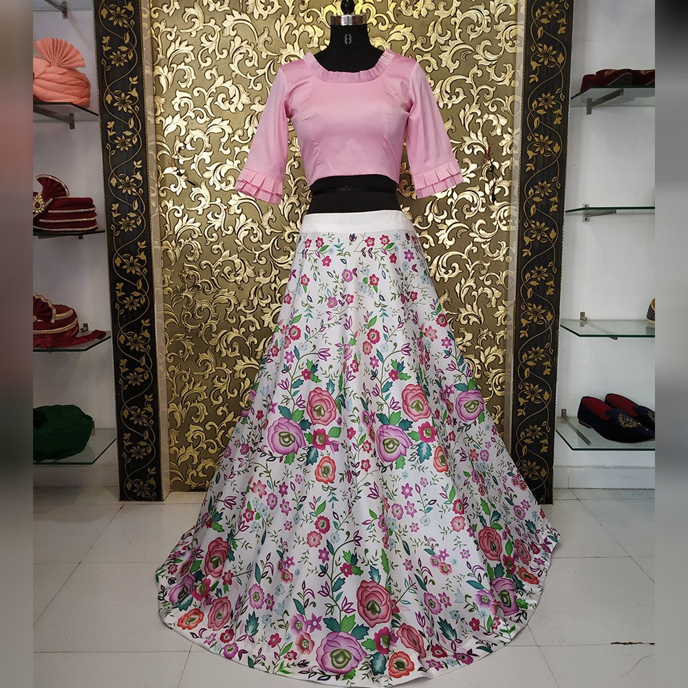 white tapeta silk printed girlish croptop lehenga