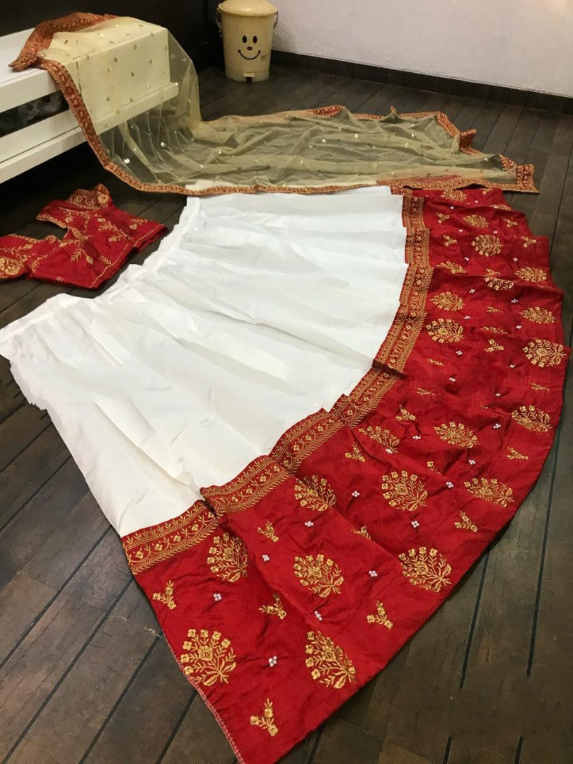 White tapeta silk wedding lehenga choli