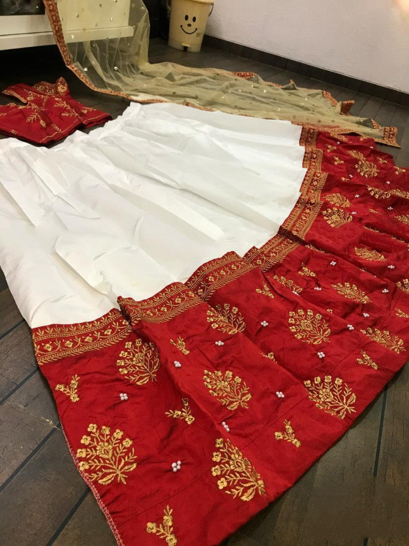 White tapeta silk wedding lehenga choli