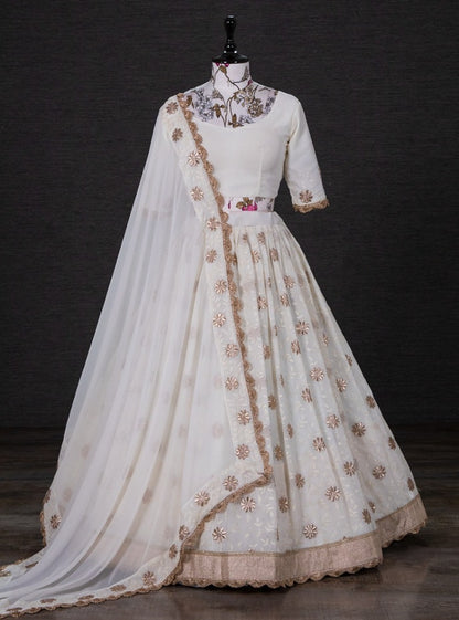 White thread embroidered lehenga choli