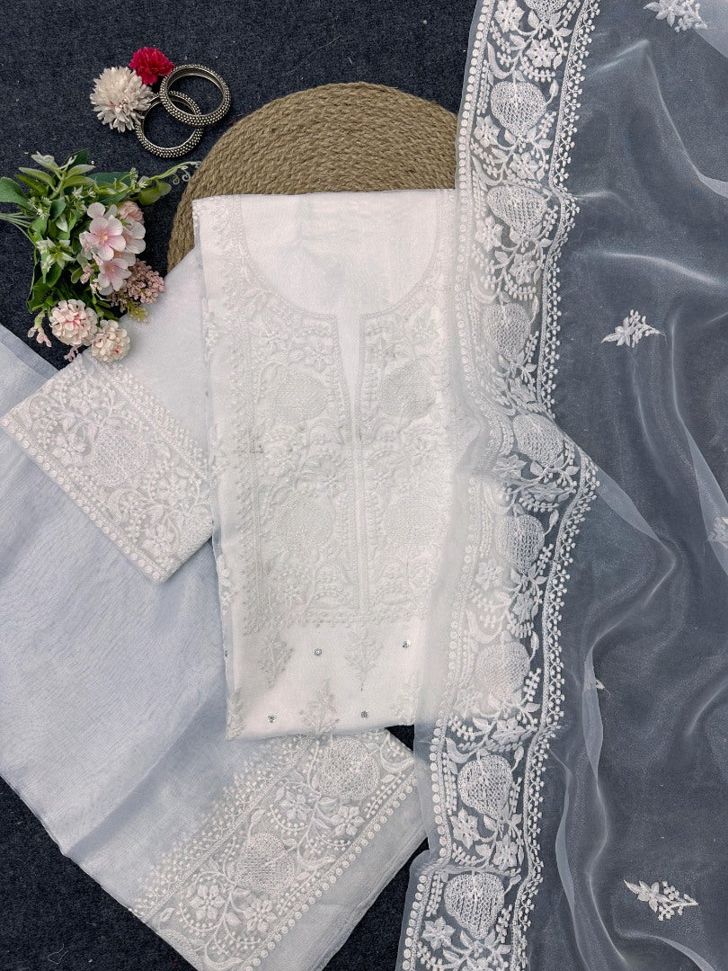 White thread work stylish unstitched organza salwar suit