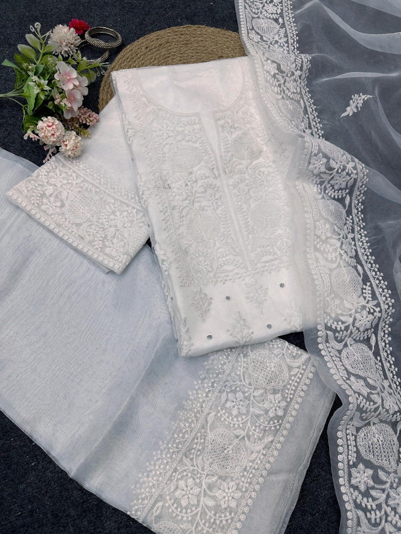 White thread work stylish unstitched organza salwar suit